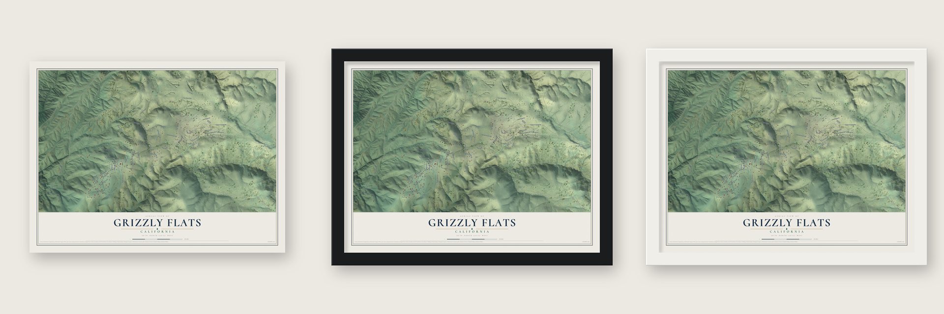 Grizzly Flats, California map unframed, in a black wood frame and in a white wood frame