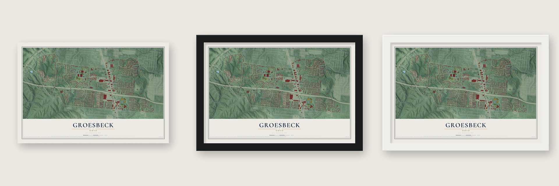 Groesbeck, Ohio map unframed, in a black wood frame and in a white wood frame