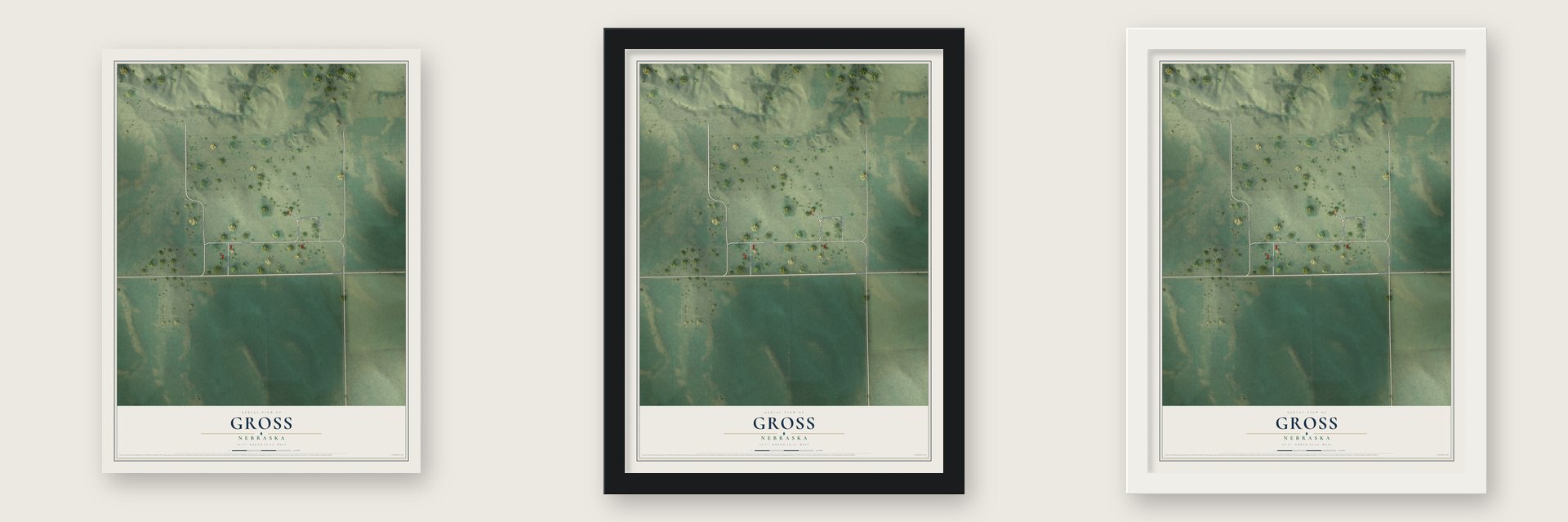 Gross, Nebraska map unframed, in a black wood frame and in a white wood frame