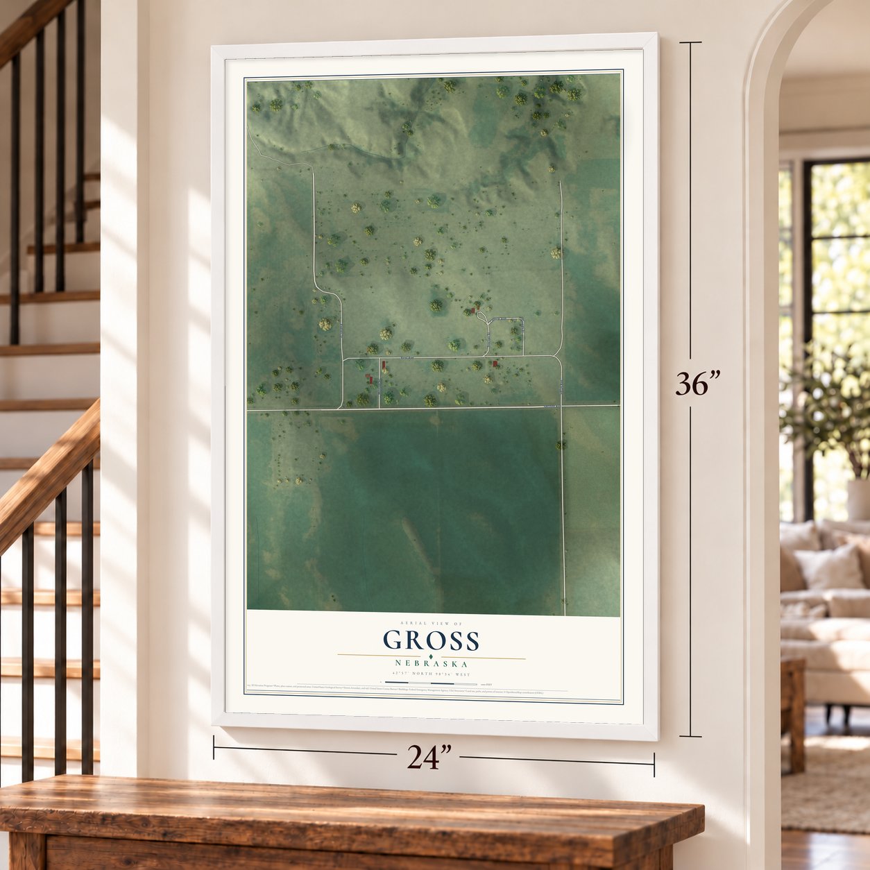 Gross, Nebraska map, 24 x 36 inch print in a white frame by a staircase