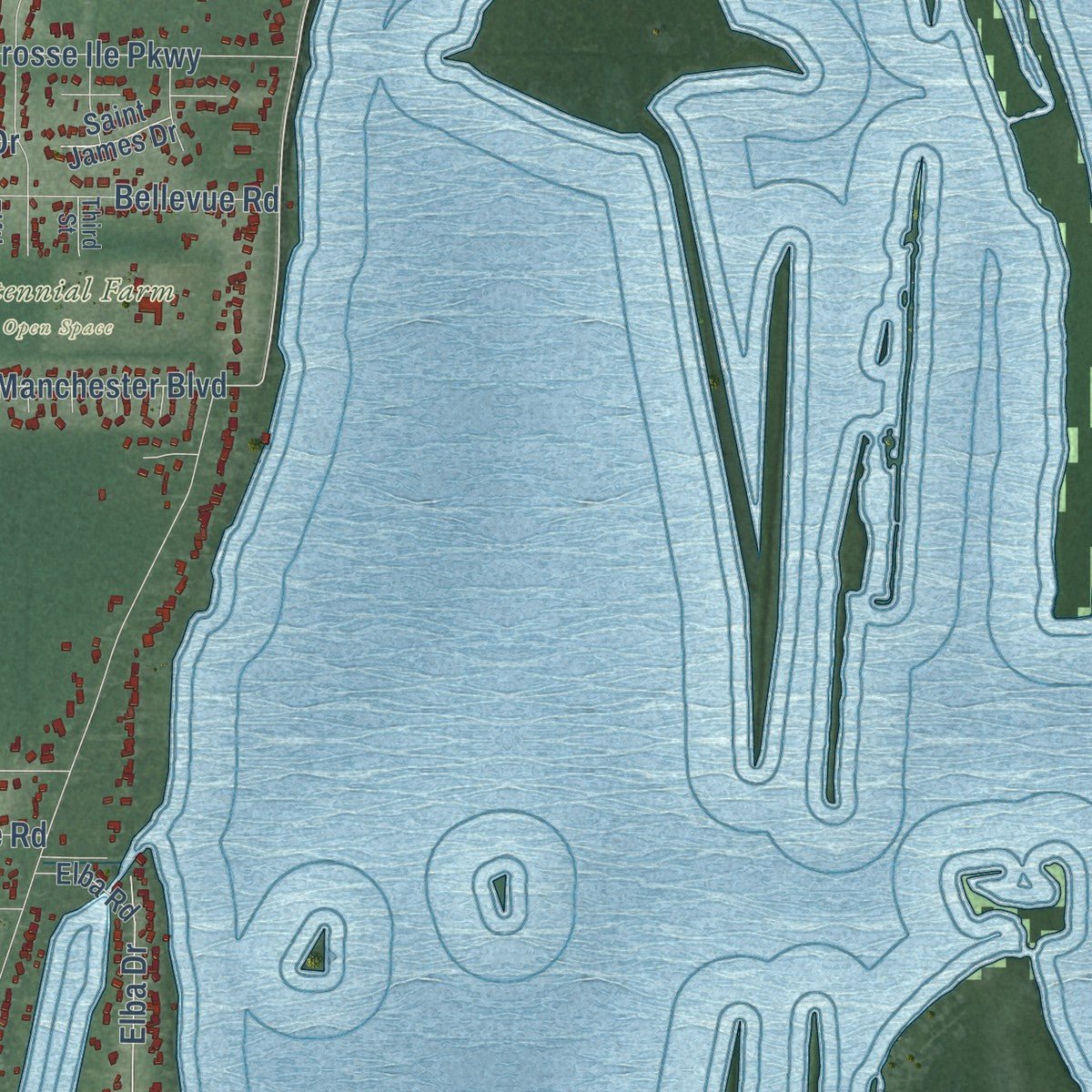 Second close-up of the map of Grosse Ile, Michigan print showing more streets and buildings
