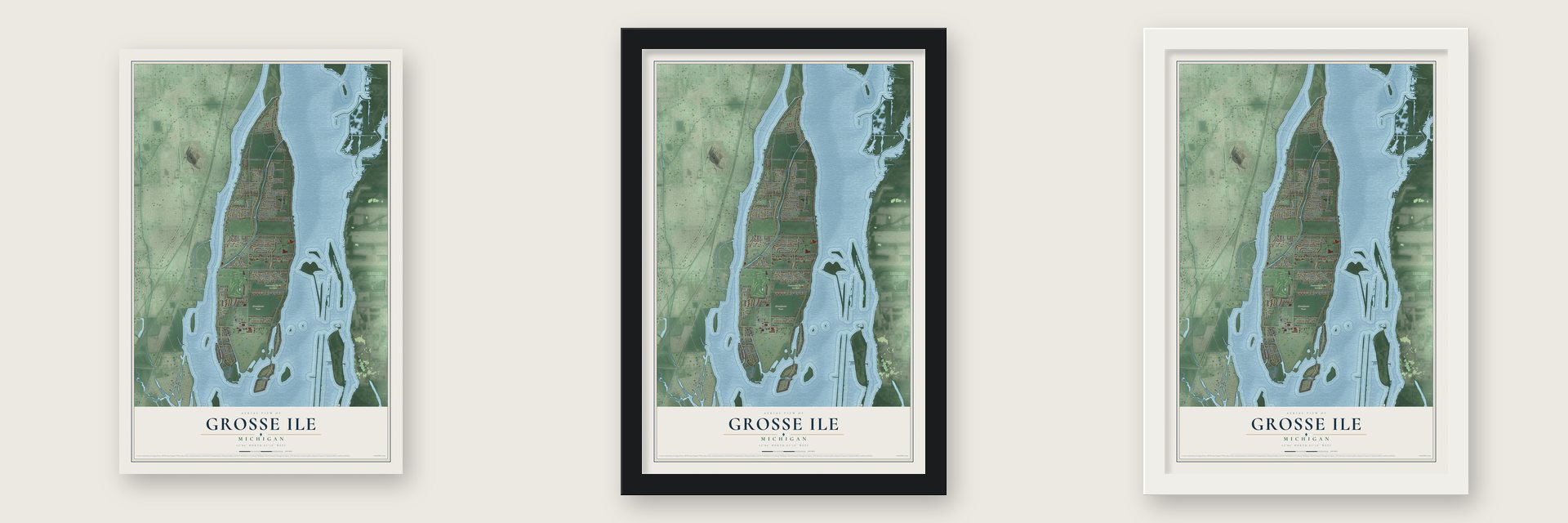 Grosse Ile, Michigan map unframed, in a black wood frame and in a white wood frame
