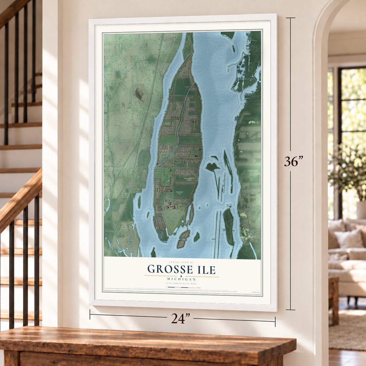 Grosse Ile, Michigan map, 24 x 36 inch print in a white frame by a staircase
