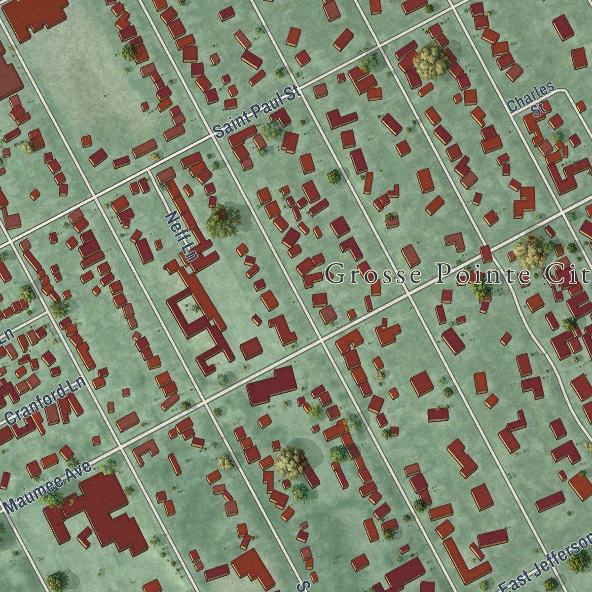 Second close-up of the map of Grosse Pointe, Michigan print showing more streets and buildings
