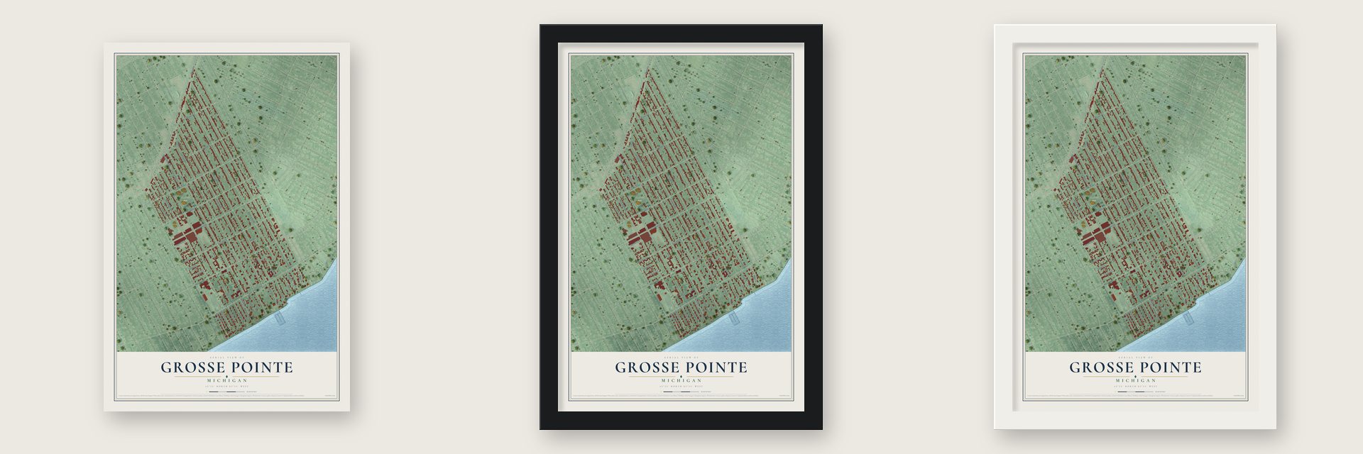 Grosse Pointe, Michigan map unframed, in a black wood frame and in a white wood frame