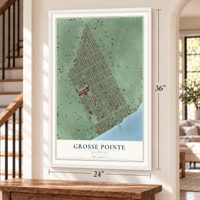 Grosse Pointe, Michigan map, 24 x 36 inch print in a white frame by a staircase