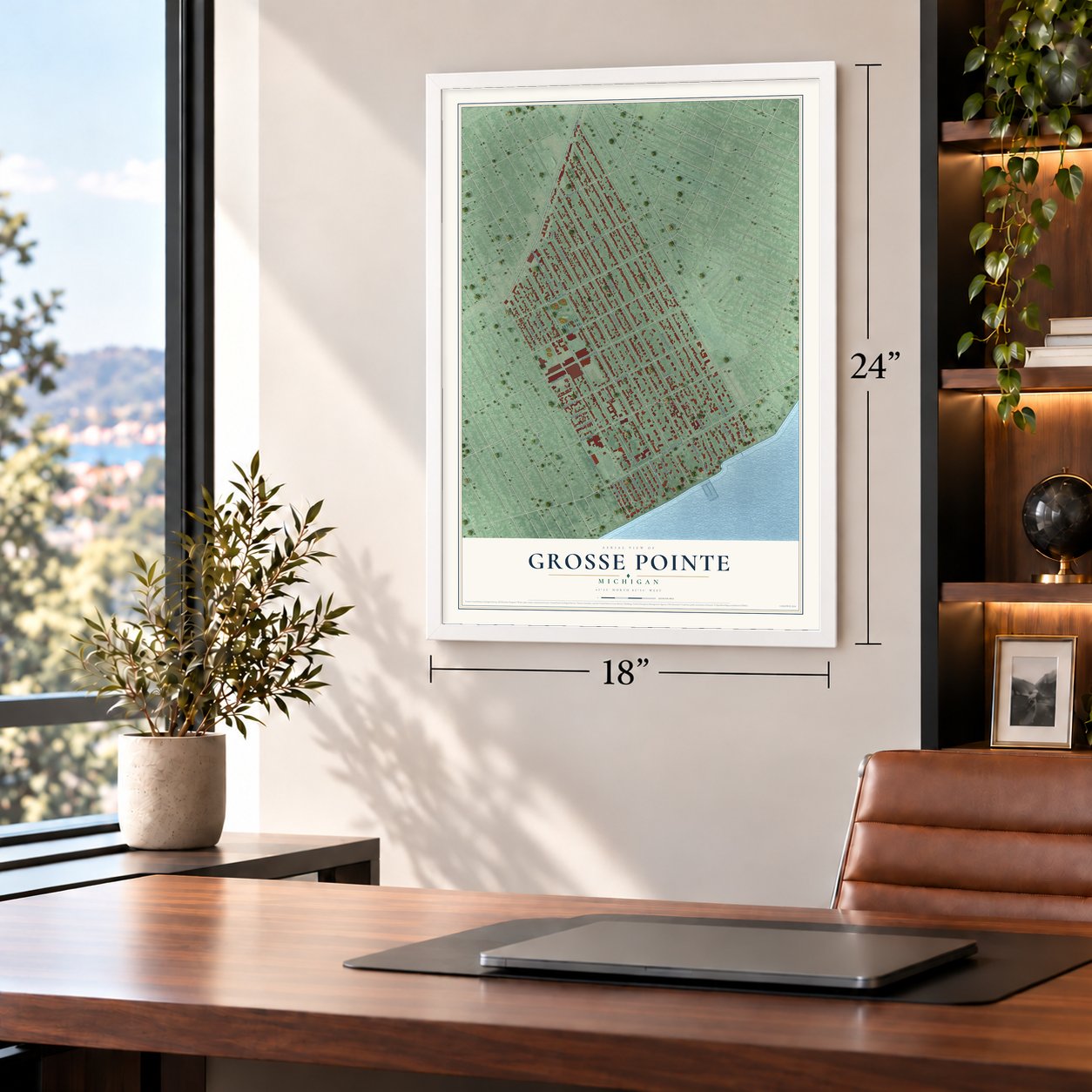 Grosse Pointe, Michigan map, 18 x 24 inch print in a white frame in a home office