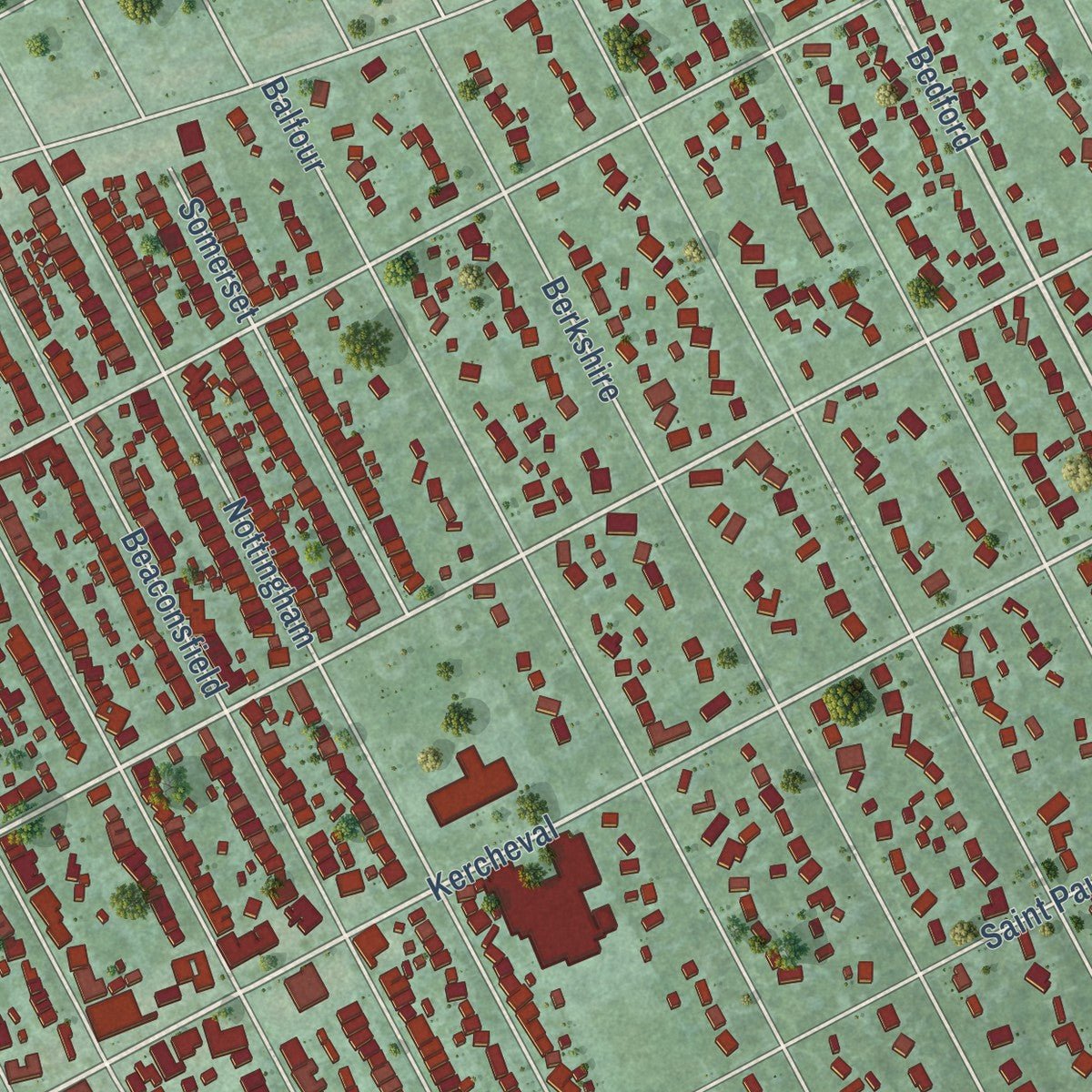 Second close-up of the map of Grosse Pointe Park, Michigan print showing more streets and buildings