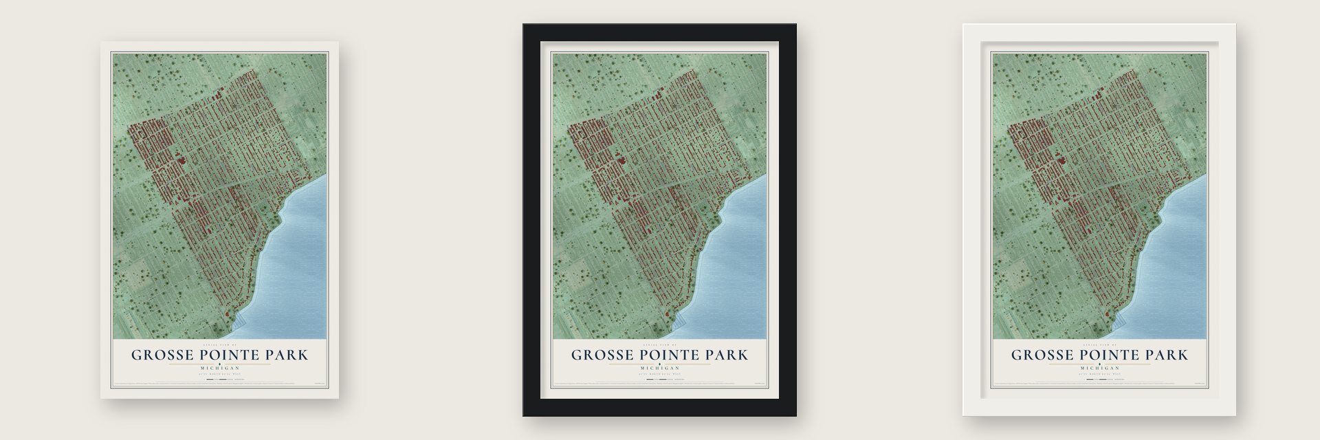 Grosse Pointe Park, Michigan map unframed, in a black wood frame and in a white wood frame
