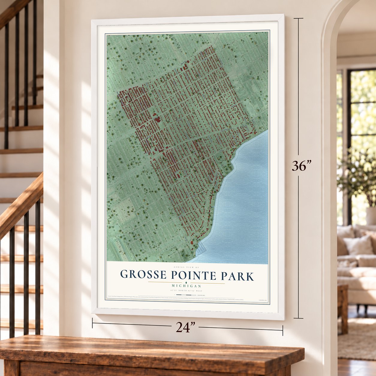 Grosse Pointe Park, Michigan map, 24 x 36 inch print in a white frame by a staircase
