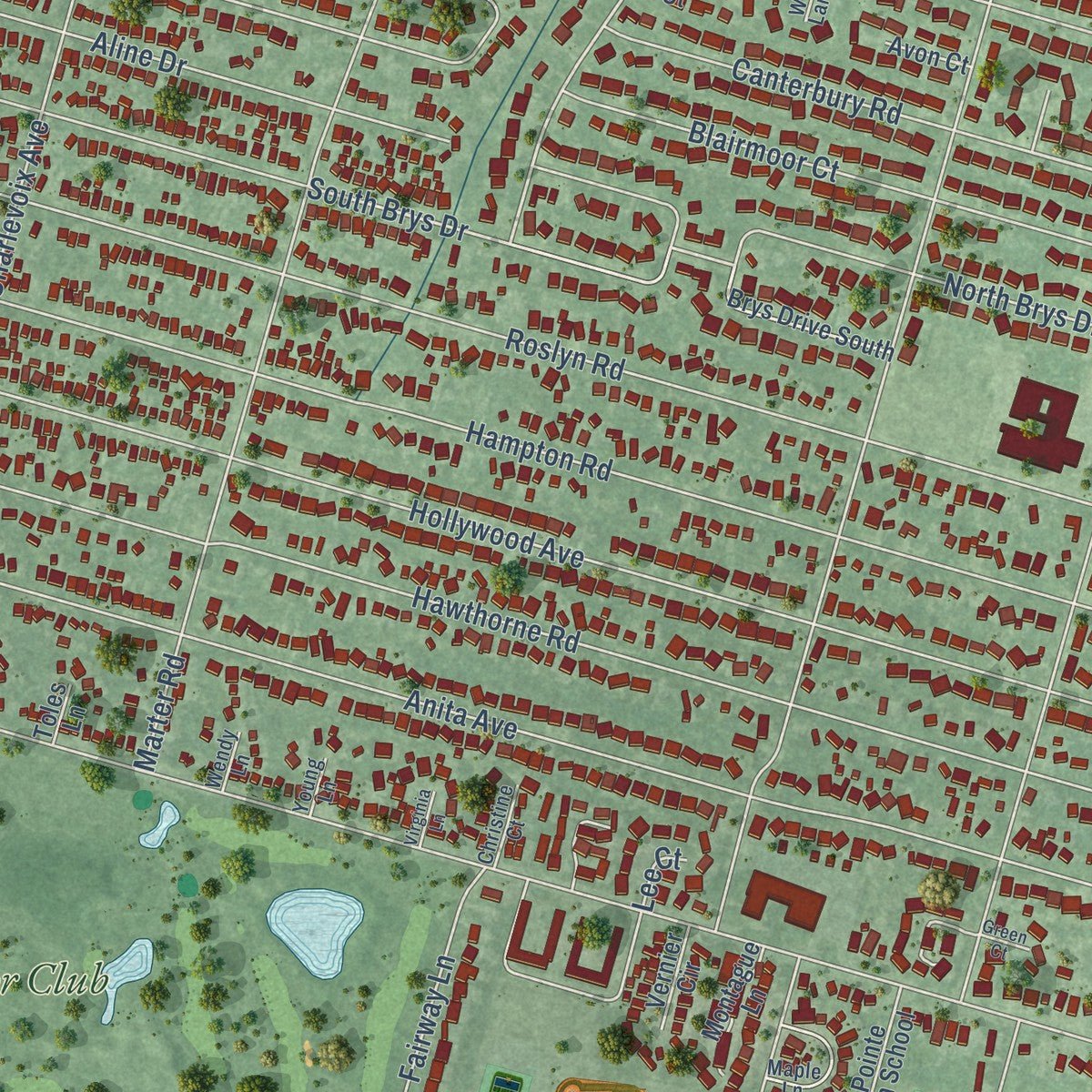 Second close-up of the map of Grosse Pointe Woods, Michigan print showing more streets and buildings