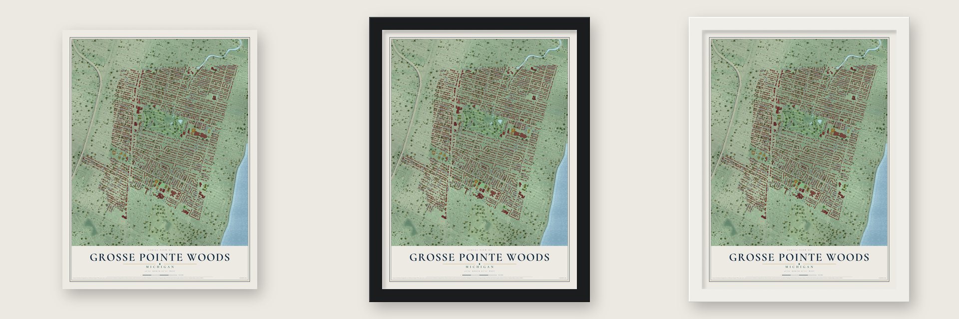 Grosse Pointe Woods, Michigan map unframed, in a black wood frame and in a white wood frame