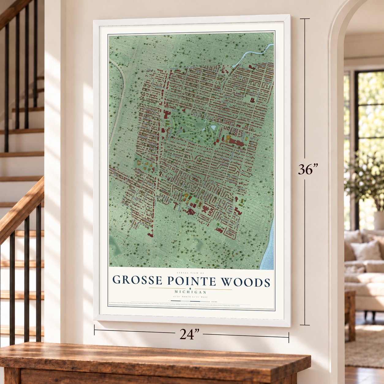 Grosse Pointe Woods, Michigan map, 24 x 36 inch print in a white frame by a staircase