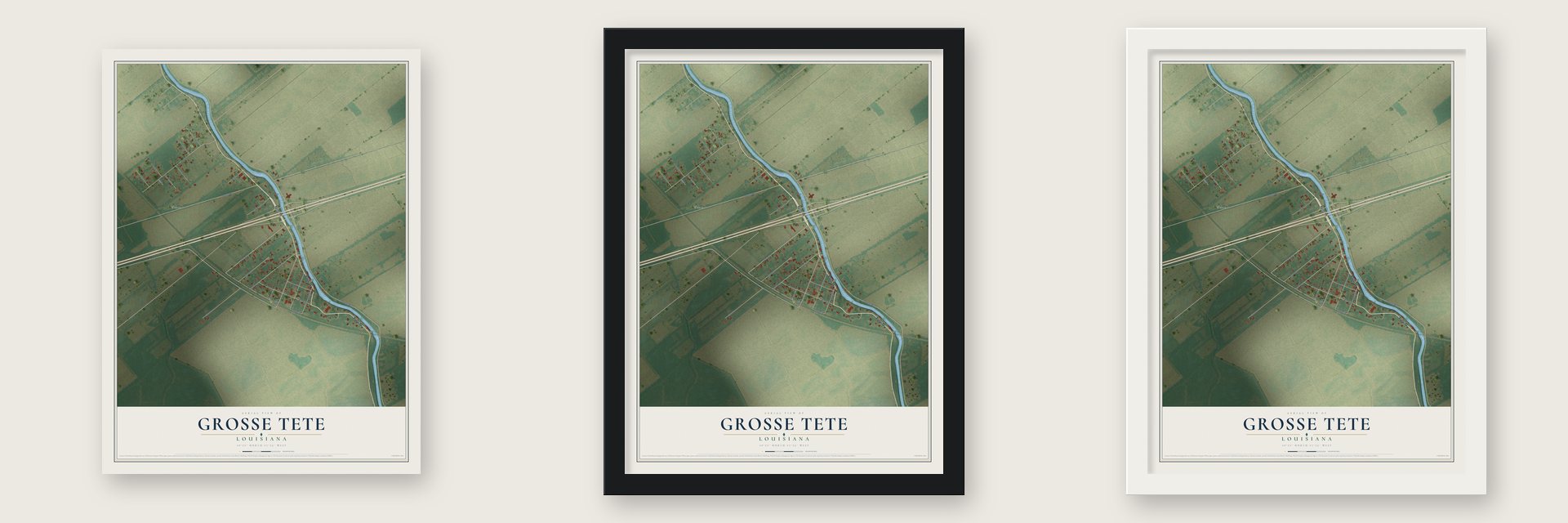 Grosse Tete, Louisiana map unframed, in a black wood frame and in a white wood frame