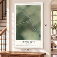 Grosse Tete, Louisiana map, 24 x 36 inch print in a white frame by a staircase