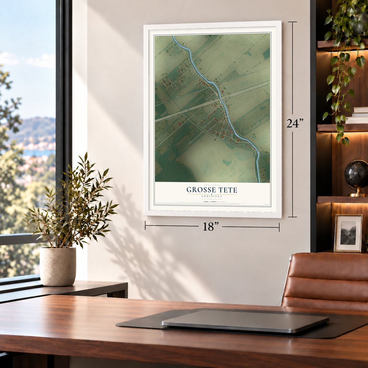 Grosse Tete, Louisiana map, 18 x 24 inch print in a white frame in a home office