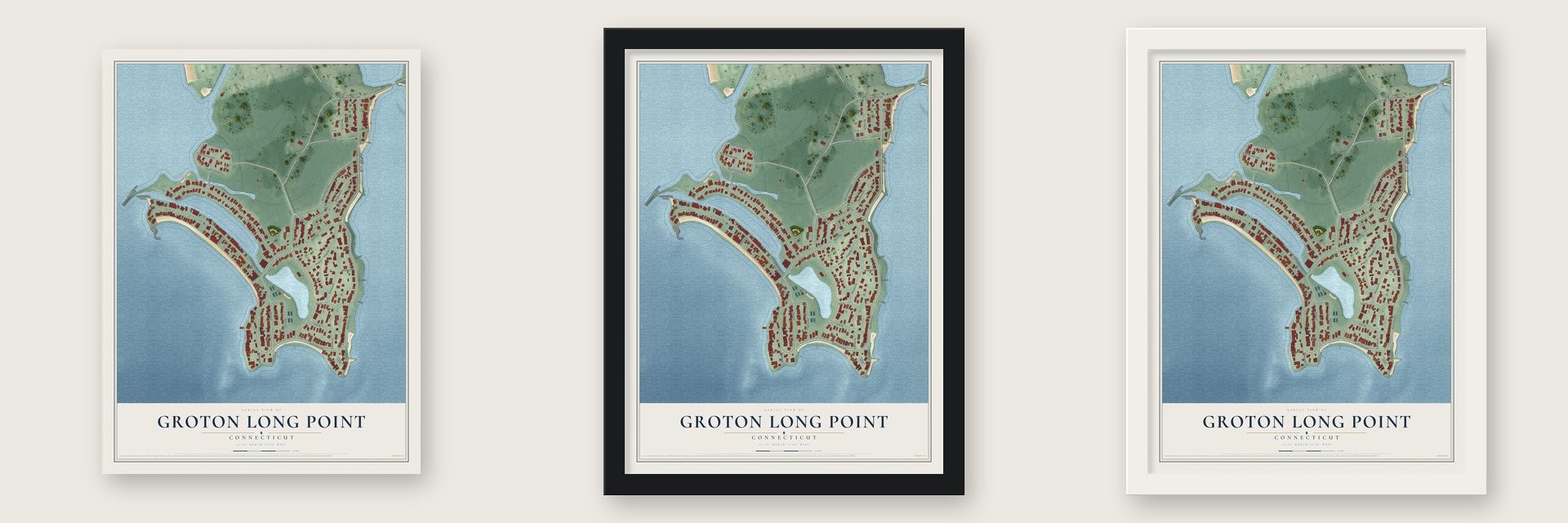 Groton Long Point, Connecticut map unframed, in a black wood frame and in a white wood frame