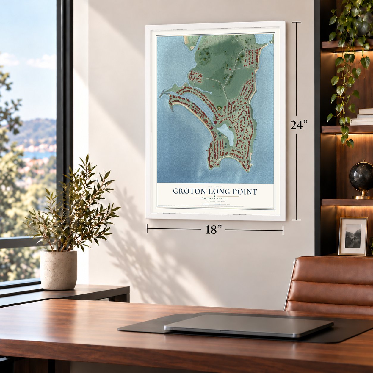 Groton Long Point, Connecticut map, 18 x 24 inch print in a white frame in a home office
