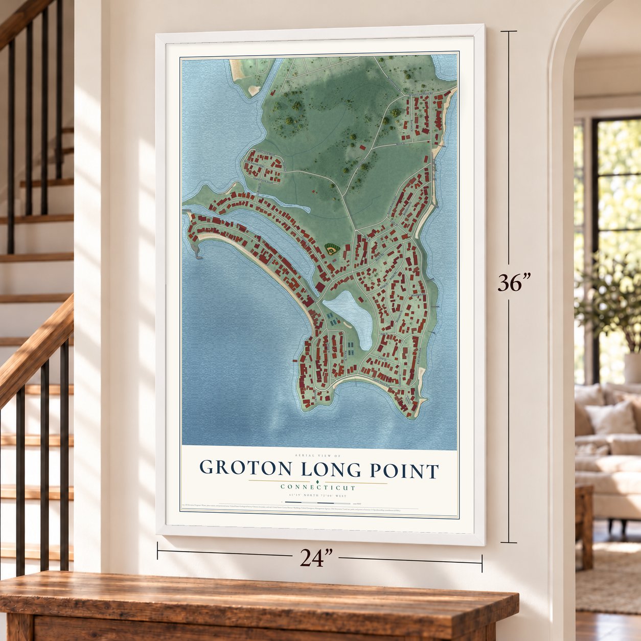 Groton Long Point, Connecticut map, 24 x 36 inch print in a white frame by a staircase