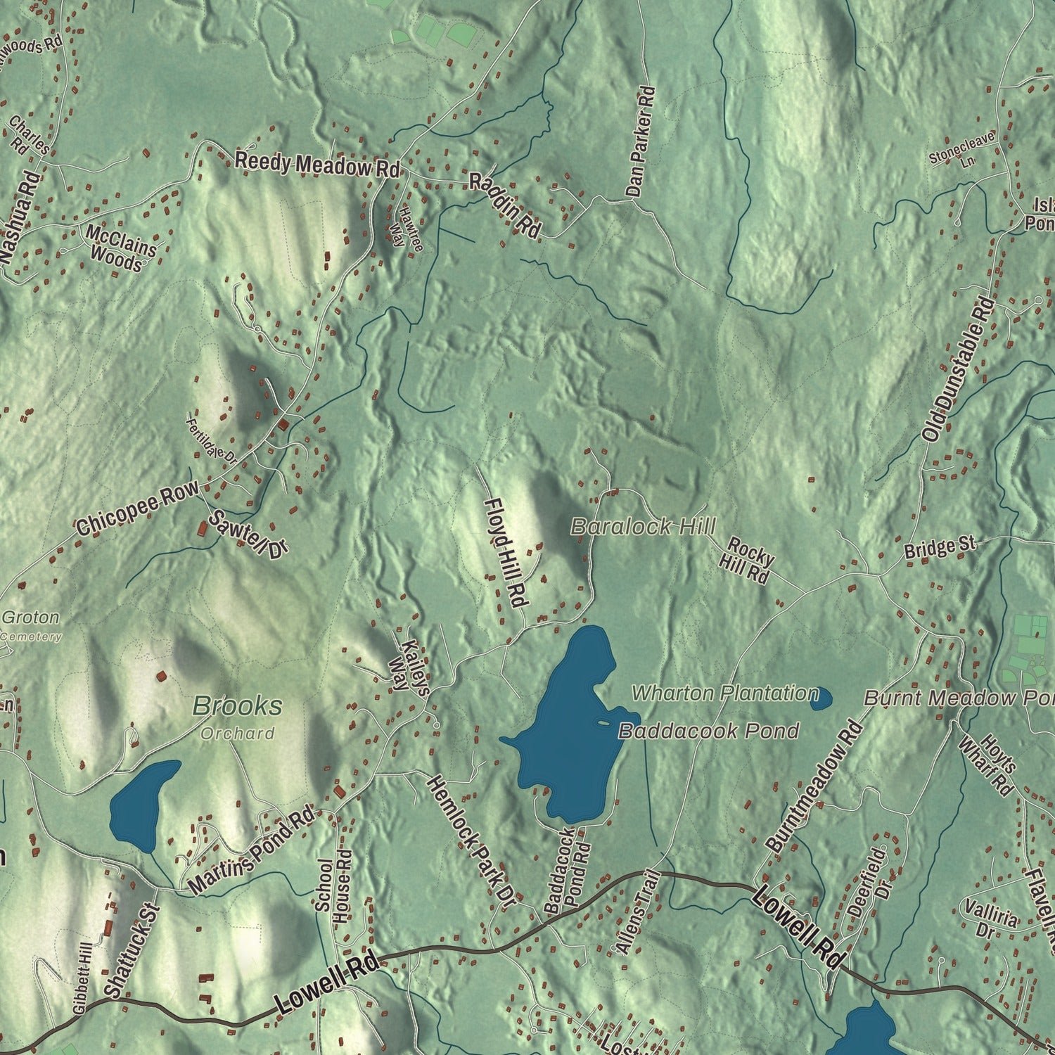Close-up of the map of Groton, Massachusetts print showing terrain and local geography
