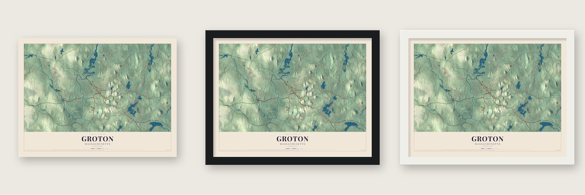 Groton, Massachusetts map unframed, in a black wood frame and in a white wood frame