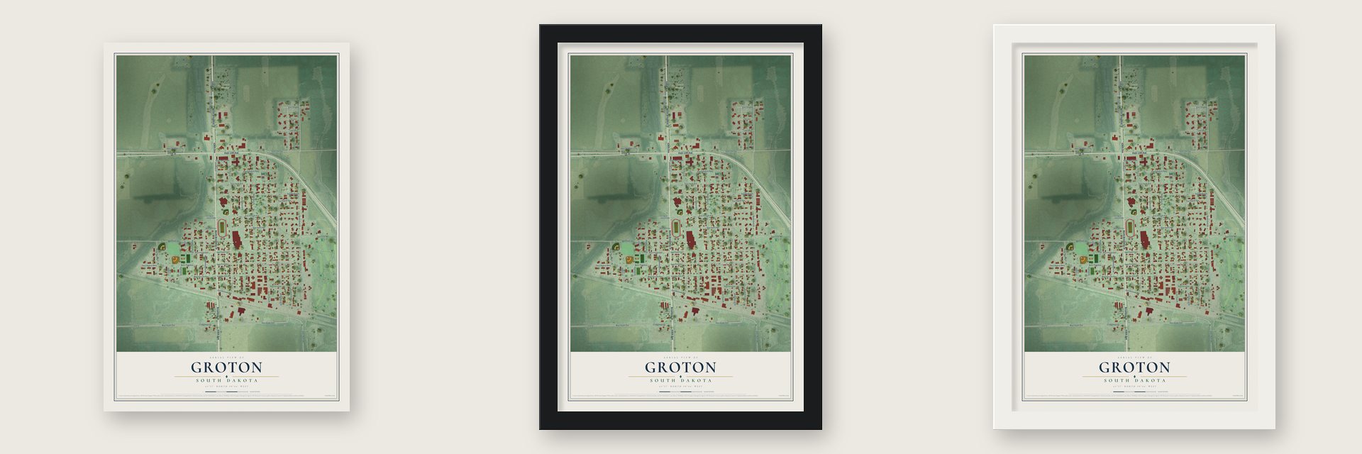 Groton, South Dakota map unframed, in a black wood frame and in a white wood frame