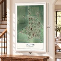 Groton, South Dakota map, 24 x 36 inch print in a white frame by a staircase