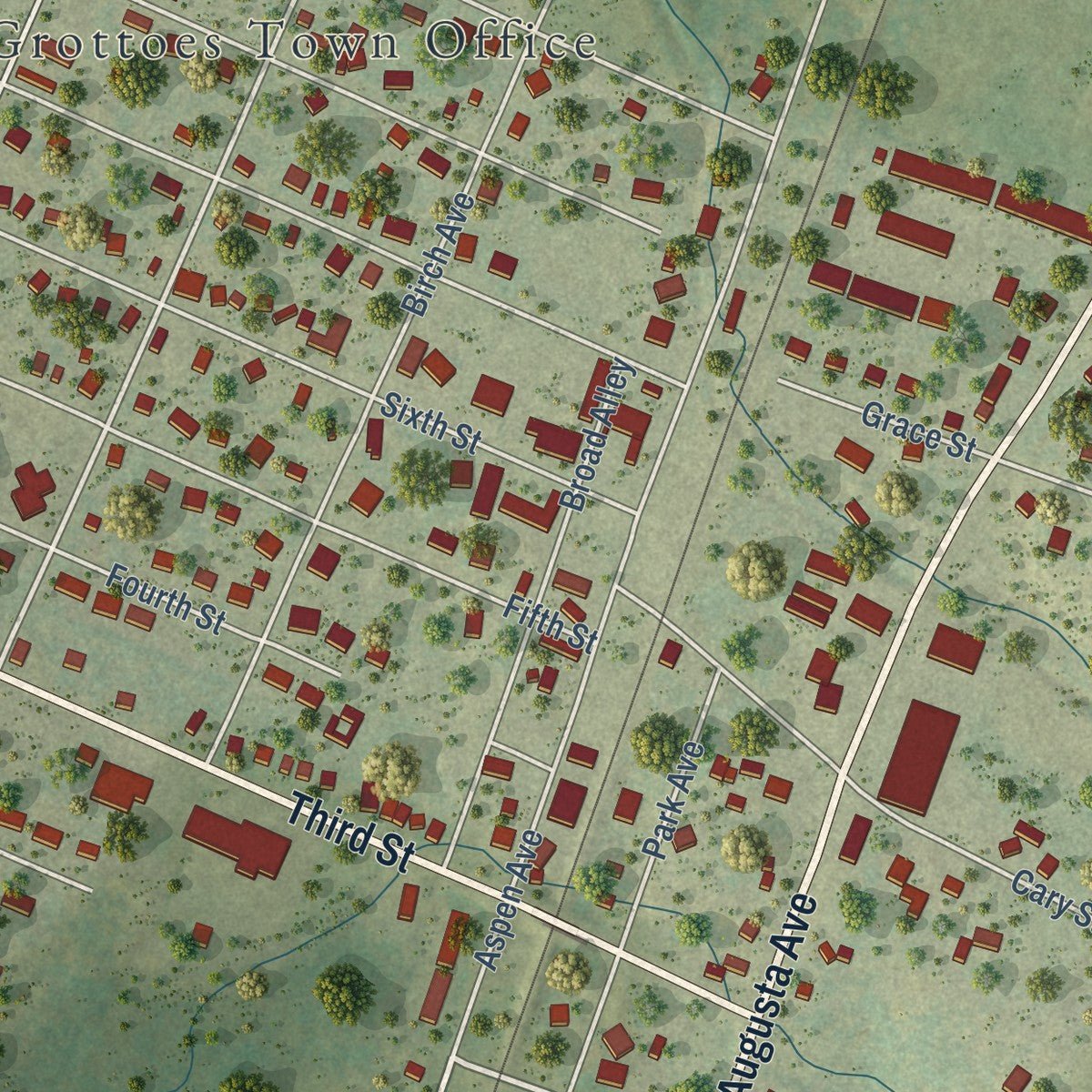 Second close-up of the map of Grottoes, Virginia print showing more streets and buildings