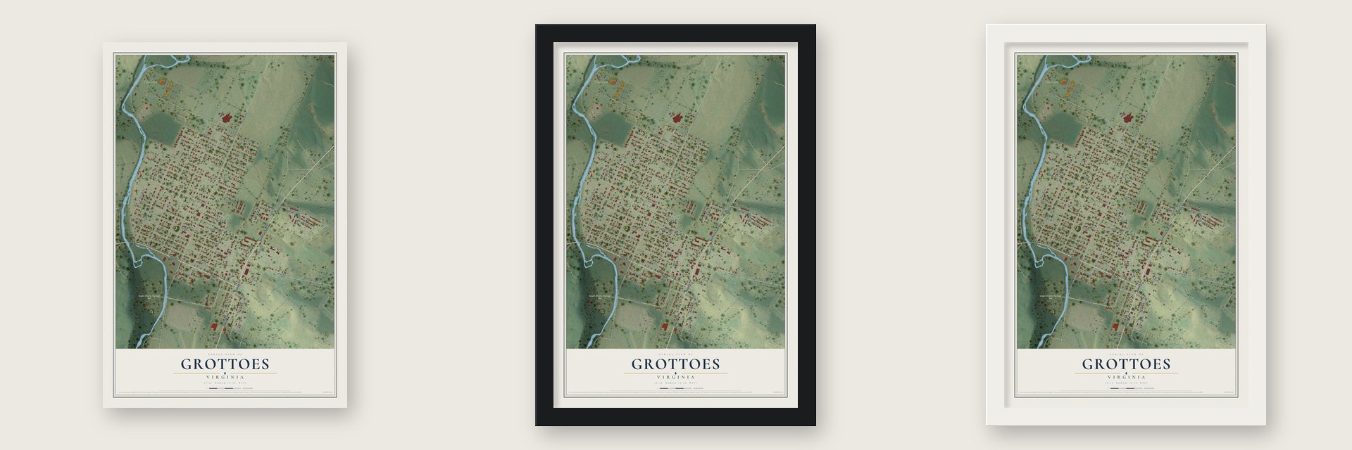 Grottoes, Virginia map unframed, in a black wood frame and in a white wood frame