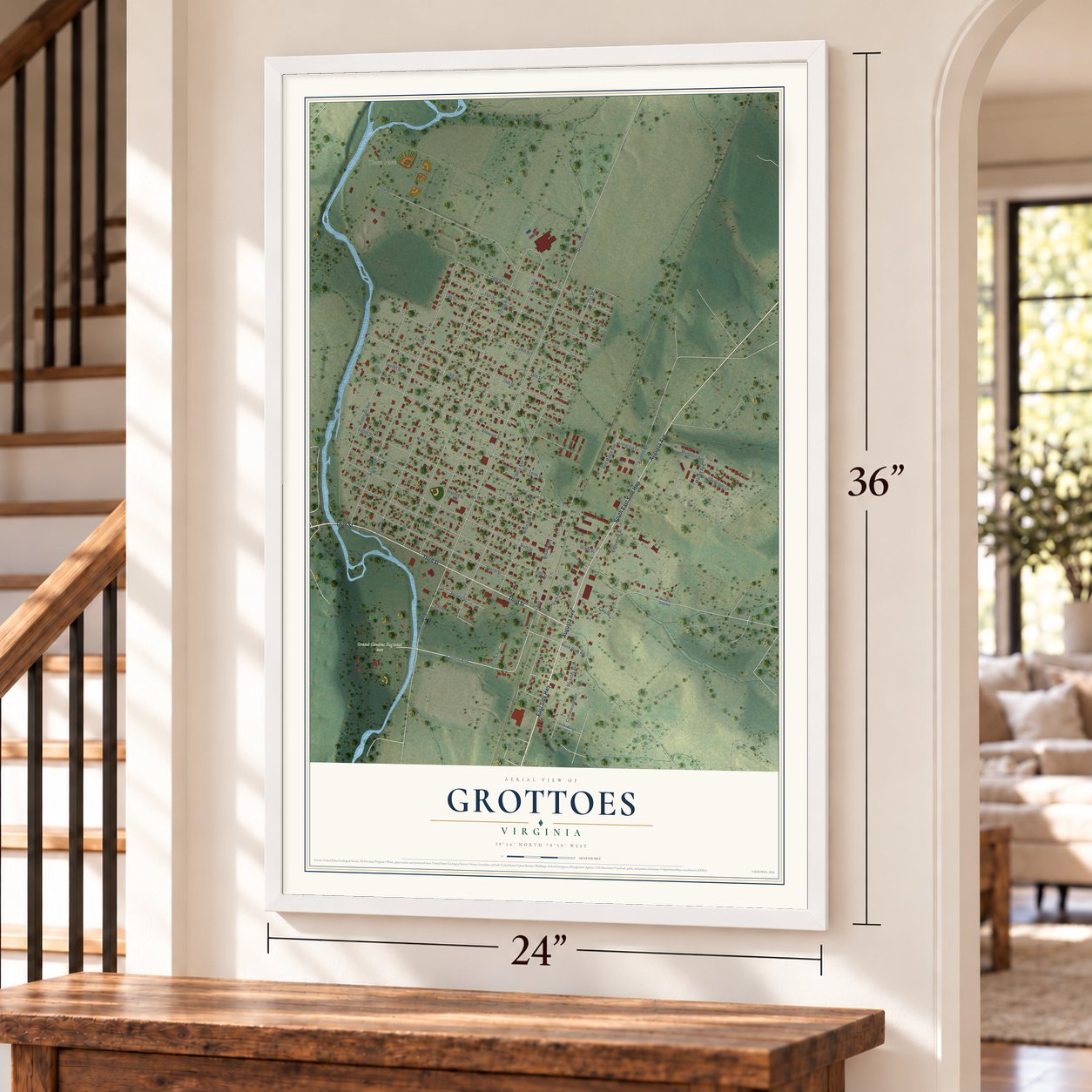 Grottoes, Virginia map, 24 x 36 inch print in a white frame by a staircase