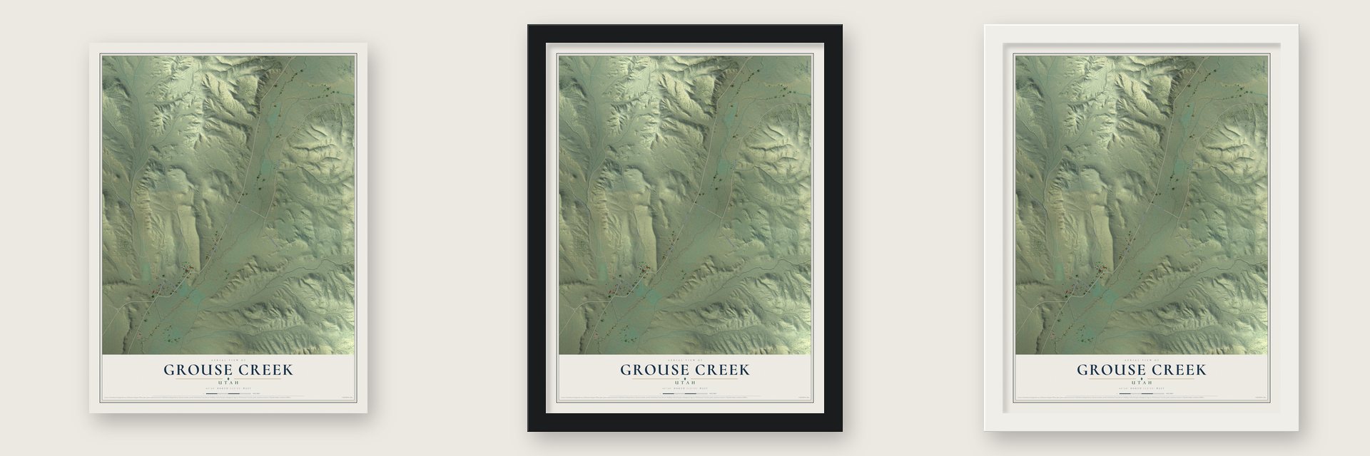 Grouse Creek, Utah map unframed, in a black wood frame and in a white wood frame