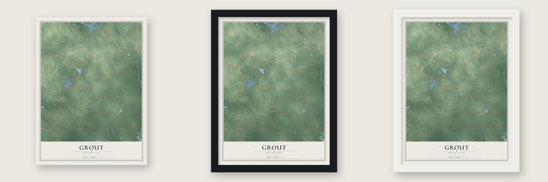 Grout, Michigan map unframed, in a black wood frame and in a white wood frame