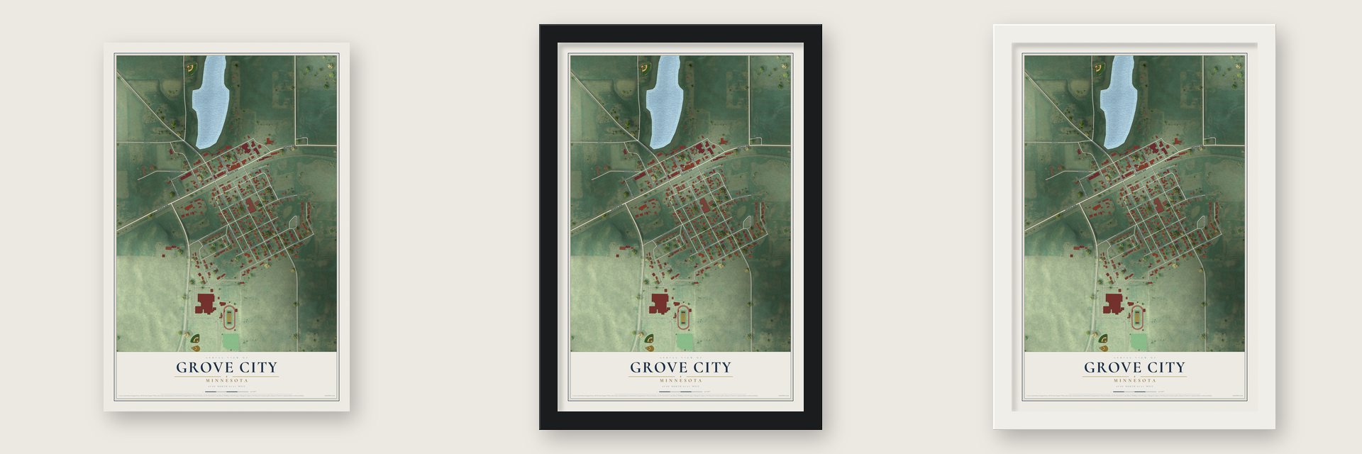 Grove City, Minnesota map unframed, in a black wood frame and in a white wood frame