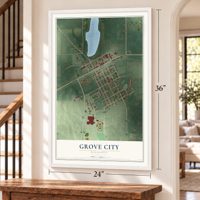 Grove City, Minnesota map, 24 x 36 inch print in a white frame by a staircase