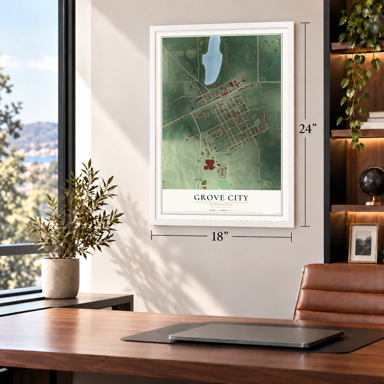 Grove City, Minnesota map, 18 x 24 inch print in a white frame in a home office
