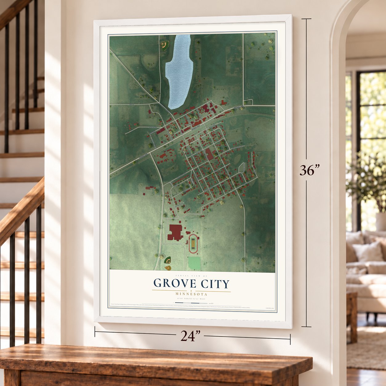Grove City, Minnesota map, 24 x 36 inch print in a white frame by a staircase