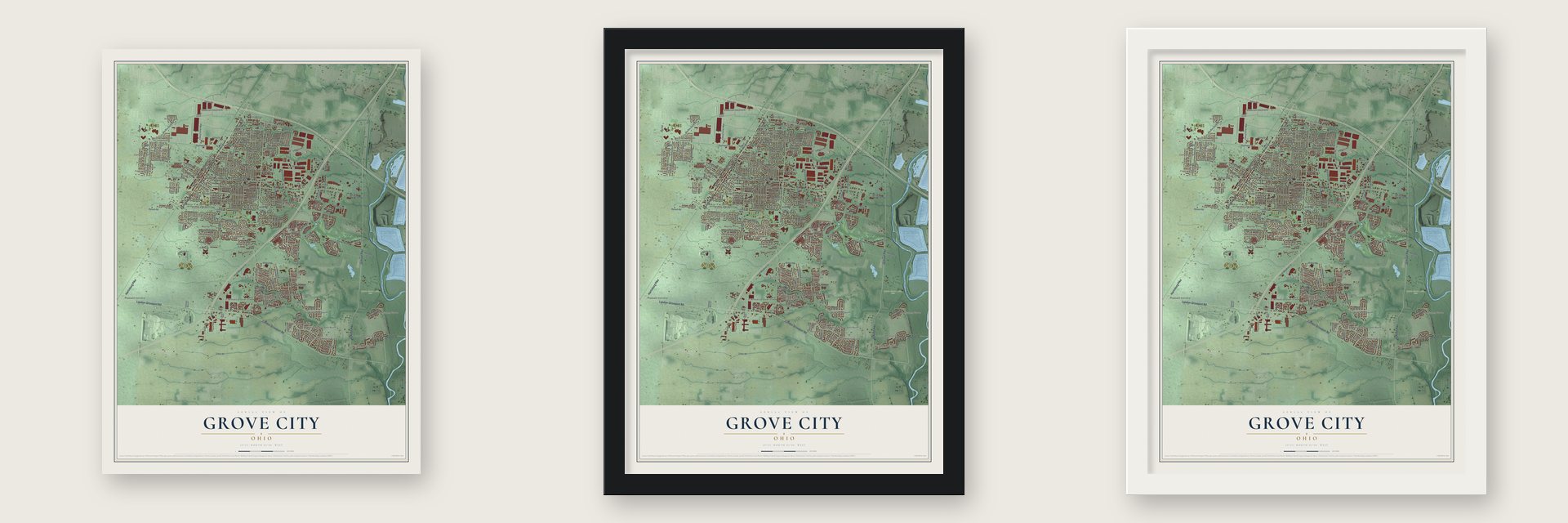 Grove City, Ohio map unframed, in a black wood frame and in a white wood frame