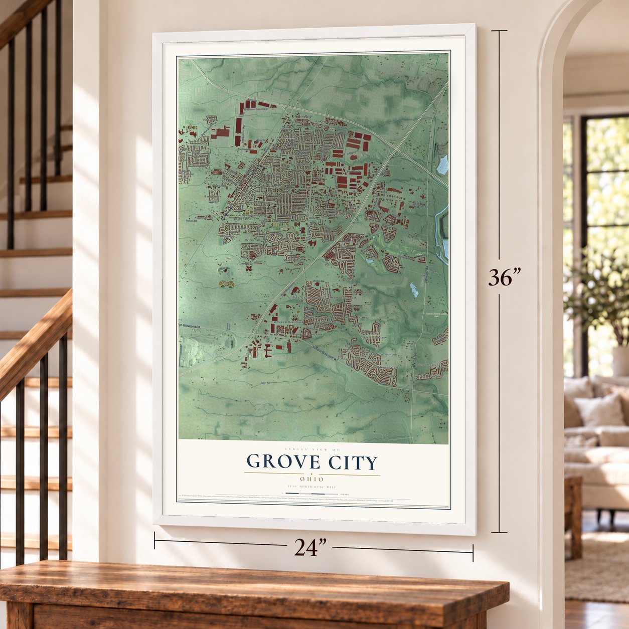Grove City, Ohio map, 24 x 36 inch print in a white frame by a staircase
