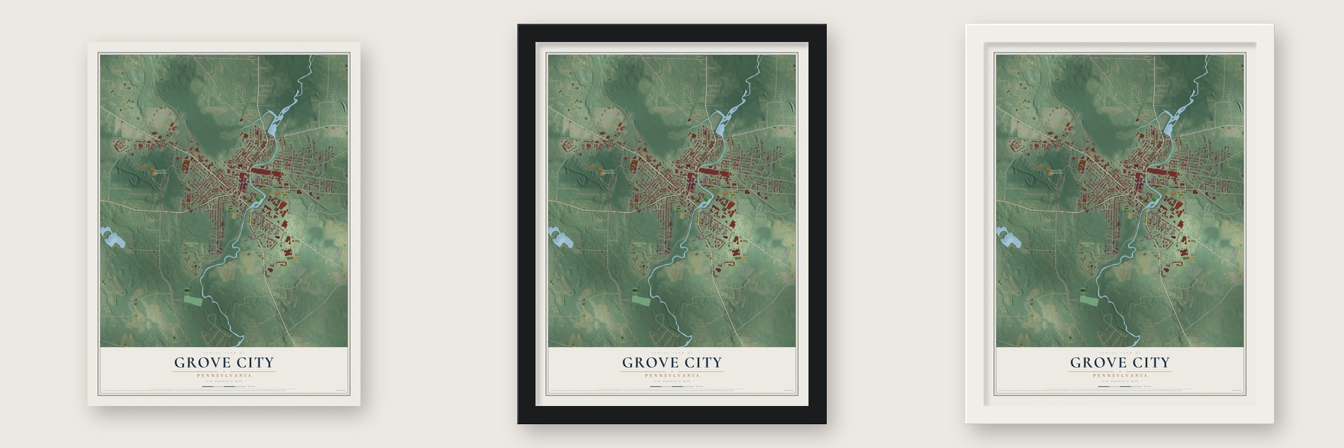 Grove City, Pennsylvania map unframed, in a black wood frame and in a white wood frame