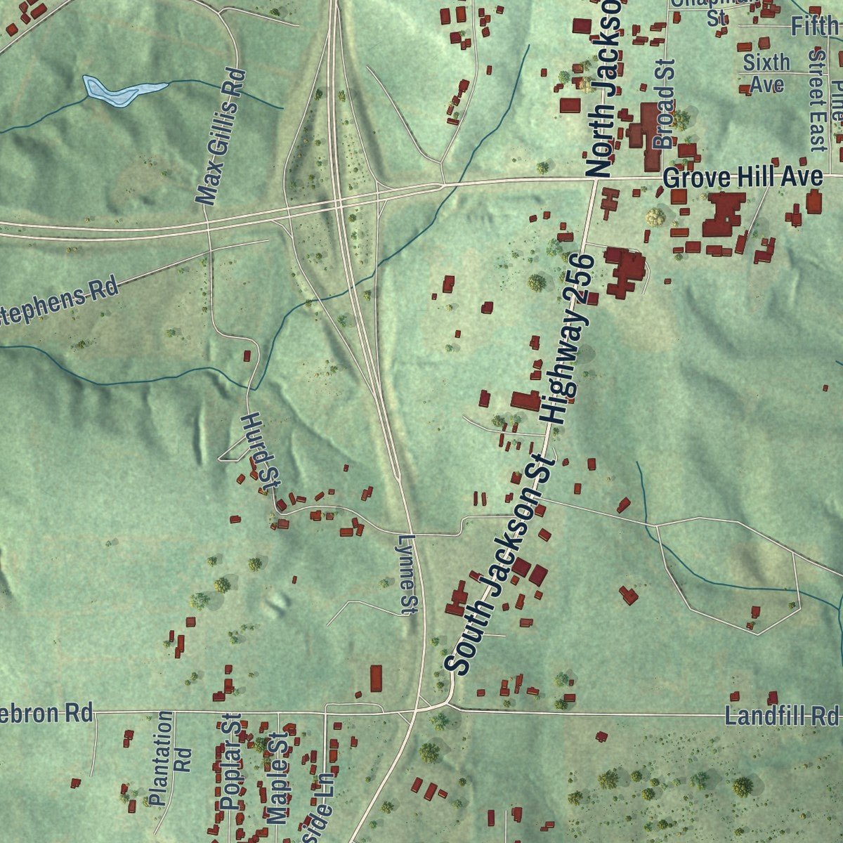 Second close-up of the map of Grove Hill, Alabama print showing more streets and buildings