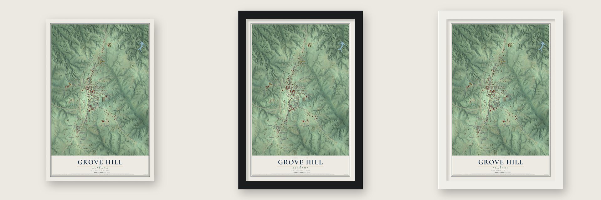 Grove Hill, Alabama map unframed, in a black wood frame and in a white wood frame
