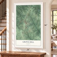 Grove Hill, Alabama map, 24 x 36 inch print in a white frame by a staircase