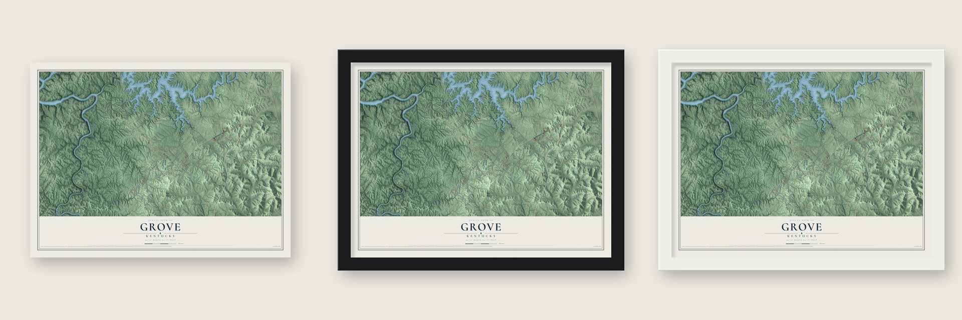 Grove, Kentucky map unframed, in a black wood frame and in a white wood frame