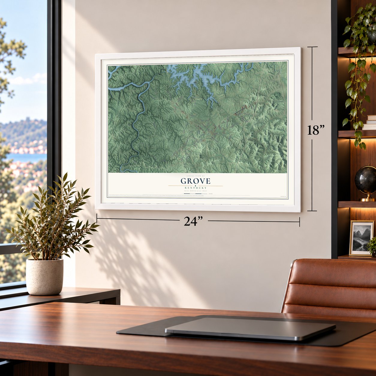 Grove, Kentucky map, 18 x 24 inch print in a white frame in a home office