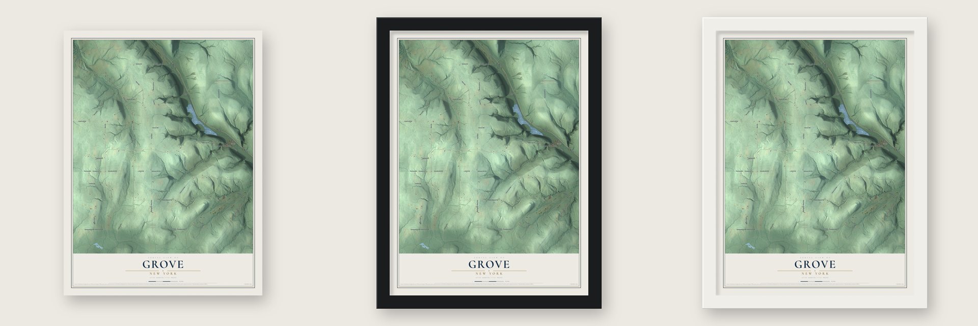 Grove, New York map unframed, in a black wood frame and in a white wood frame