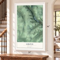 Grove, New York map, 24 x 36 inch print in a white frame by a staircase