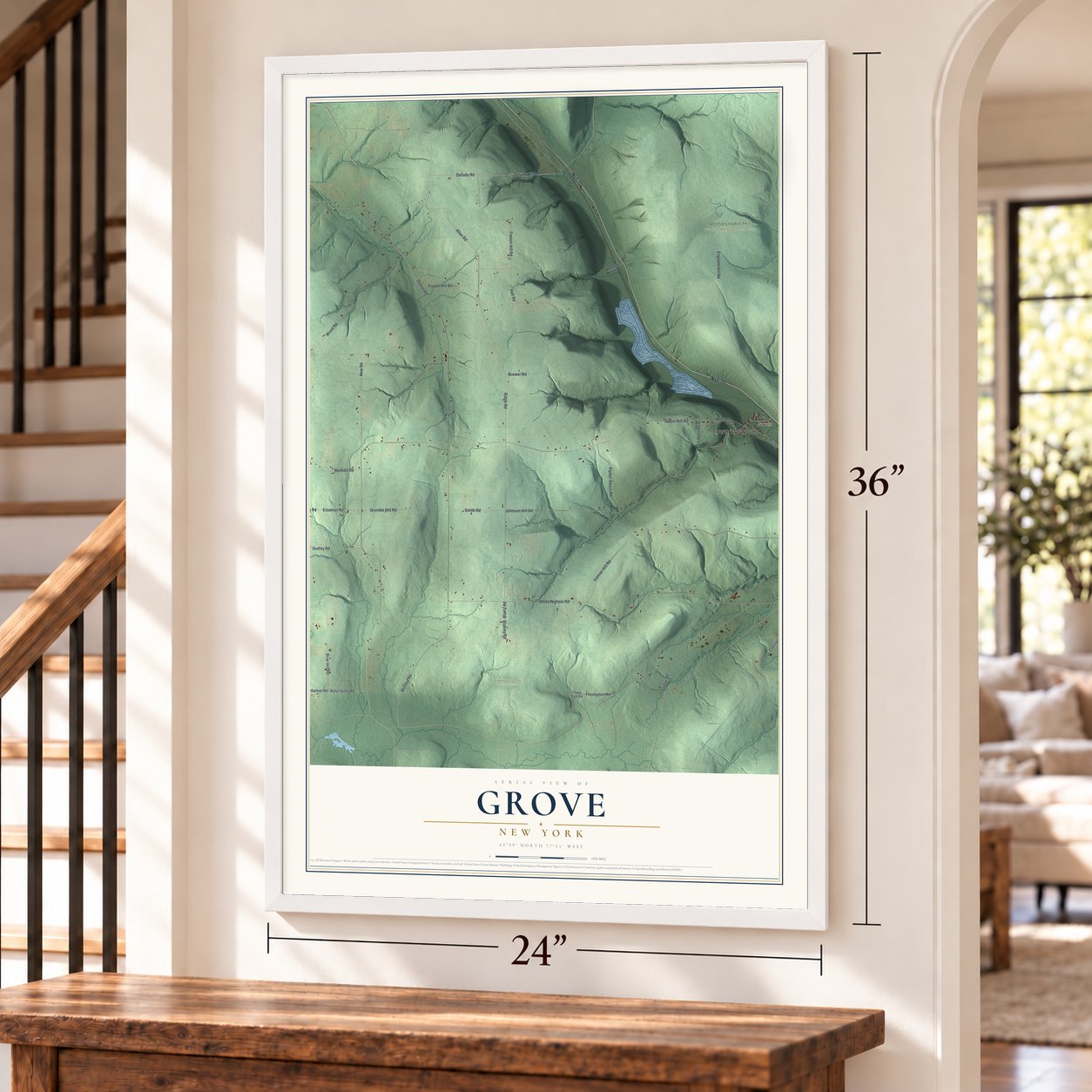 Grove, New York map, 24 x 36 inch print in a white frame by a staircase