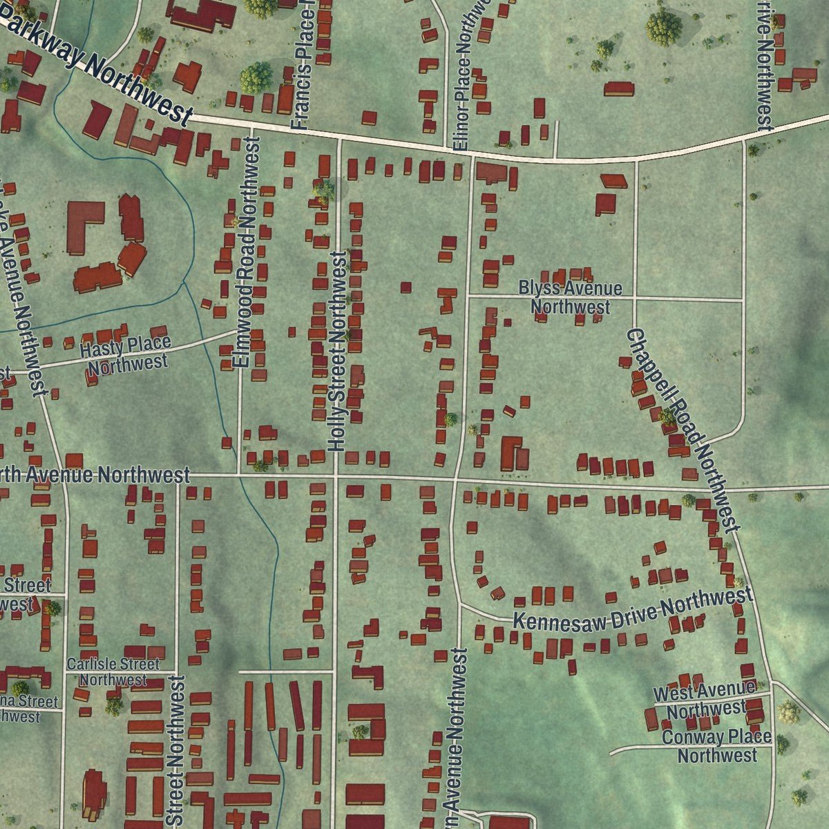 Second close-up of the map of Grove Park, Georgia print showing more streets and buildings