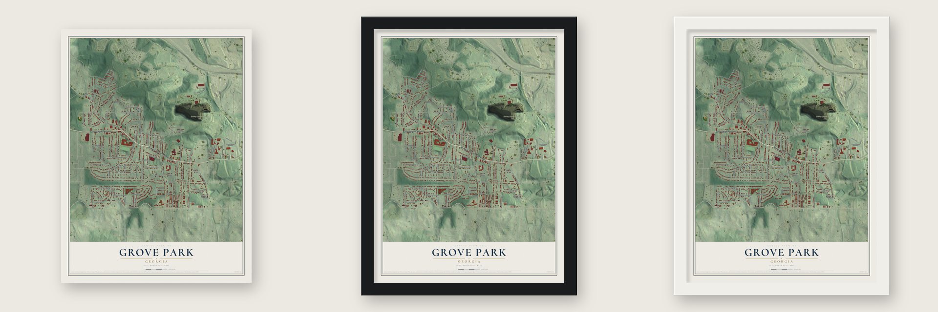 Grove Park, Georgia map unframed, in a black wood frame and in a white wood frame