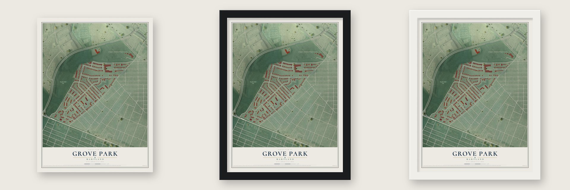 Grove Park, Maryland map unframed, in a black wood frame and in a white wood frame